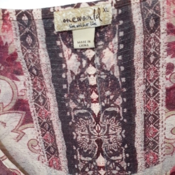 One World Bohemian Cherry Red Print Top With Lace Size X-Large. - Picture 3 of 4